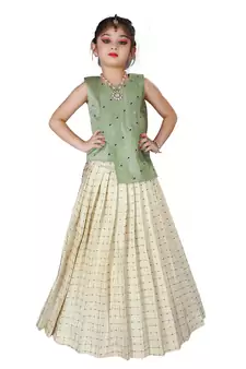 Kids Cotton Silk Pista Top And White Lehenga Choli Set 