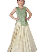 Kids Cotton Silk Pista Top And White Lehenga Choli Set 