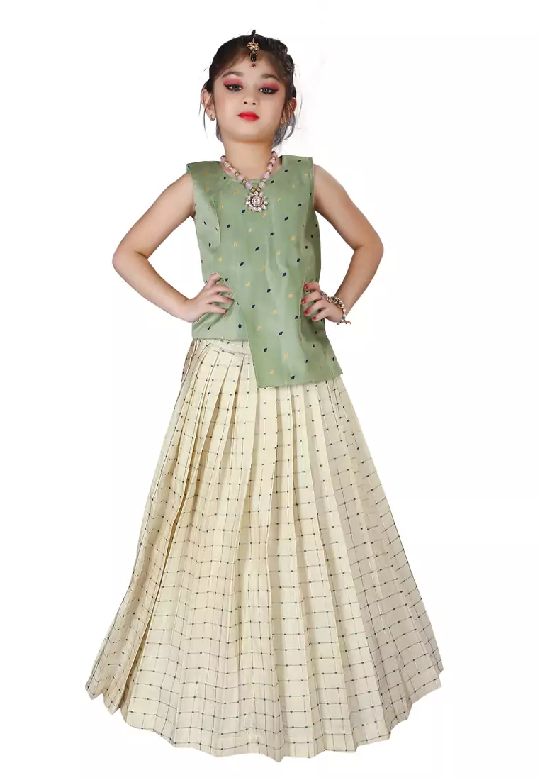 Kids Cotton Silk Pista Top And White Lehenga Choli Set 