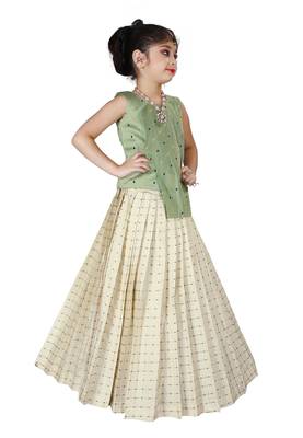 Kids Cotton Silk Pista Top And White Lehenga Choli Set  2