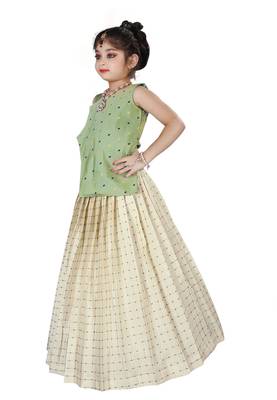 Kids Cotton Silk Pista Top And White Lehenga Choli Set  3