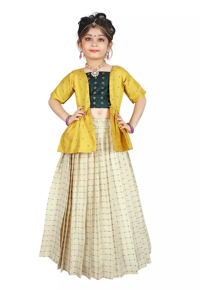 Kids Cotton Silk Yellow Top And White Lehenga Choli 