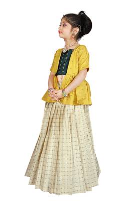 Kids Cotton Silk Yellow Top And White Lehenga Choli  2