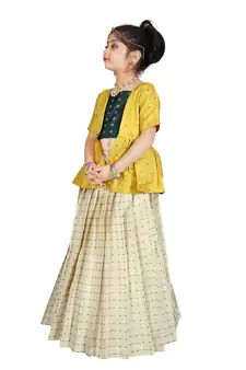 Kids Cotton Silk Yellow Top And White Lehenga Choli 
