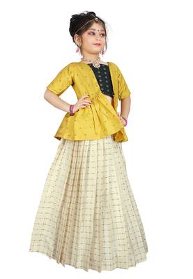 Kids Cotton Silk Yellow Top And White Lehenga Choli  3