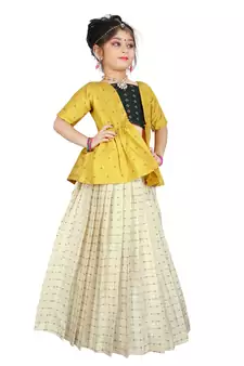 Kids Cotton Silk Yellow Top And White Lehenga Choli 