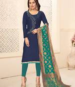 Kimisha Women's Navy Blue Designer Banarasi Dupatta Cotton Khatli Handwork salwar Suit