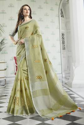 Light green embroidered pure cotton saree with blouse 1