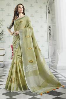 Light green embroidered pure cotton saree with blouse