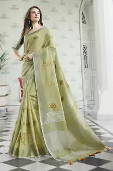 Light green embroidered pure cotton saree with blouse