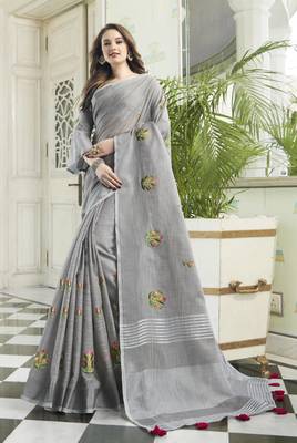 Grey embroidered pure cotton saree with blouse 1