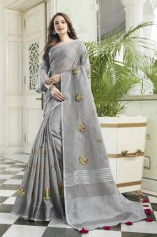 Grey embroidered pure cotton saree with blouse