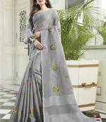 Grey embroidered pure cotton saree with blouse