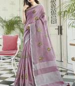 Light purple embroidered pure cotton saree with blouse