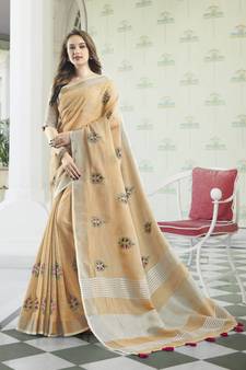 Peach embroidered pure cotton saree with blouse