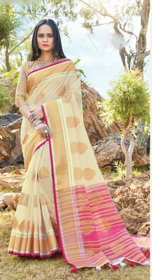 Cream woven pure cotton saree with blouse 1