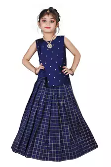 Kids Cotton Silk Blue Top With Lehenga Choli Set For Girls 
