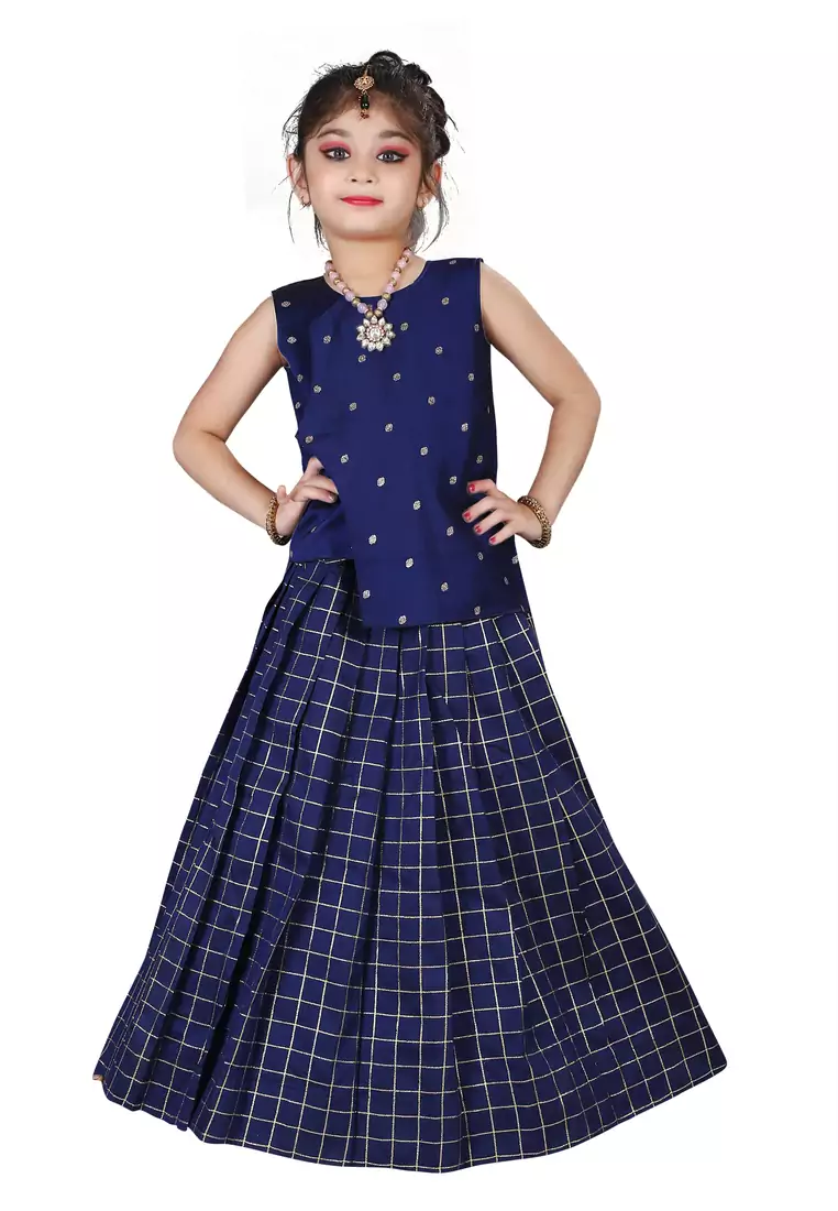 Kids Cotton Silk Blue Top With Lehenga Choli Set For Girls 