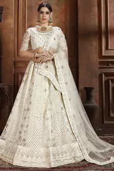 White zari embroidered net Semi Stitched bridal lehenga