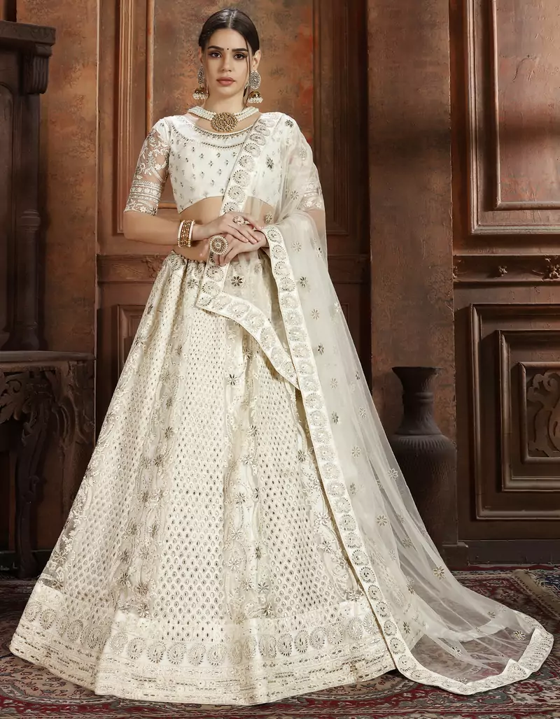 White zari embroidered net Semi Stitched bridal lehenga