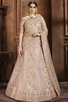Beige embroidered net semi stitched lehenga