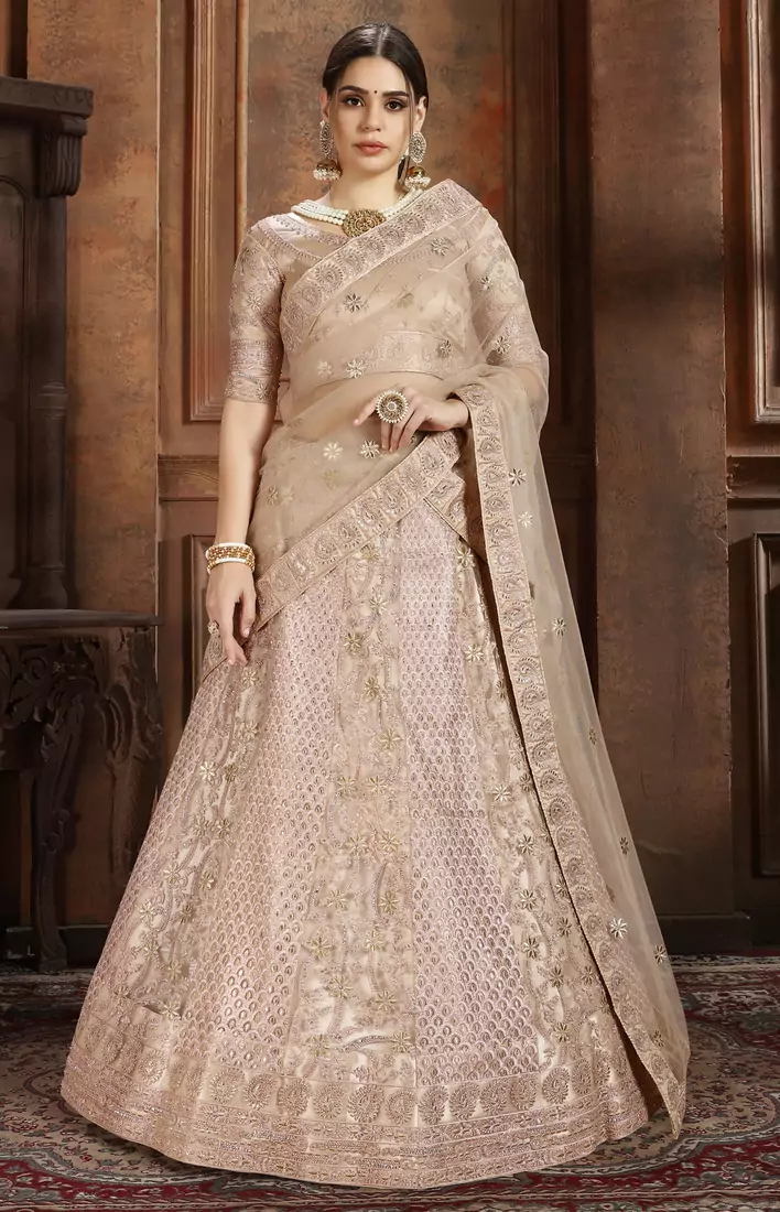 Beige embroidered net semi stitched lehenga