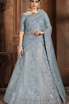 Sky-blue embroidered net Semi Stitched bridal lehenga