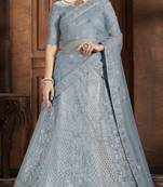 Sky-blue embroidered net Semi Stitched Bridal Lehenga