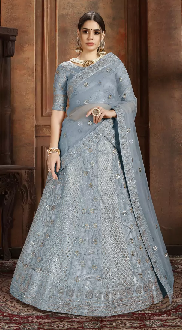 Sky-blue embroidered net Semi Stitched bridal lehenga