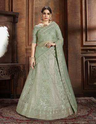 Light-green embroidered net Semi Stitched bridal lehenga 1