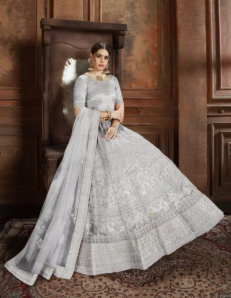 Grey embroidered net Semi Stitched bridal lehenga