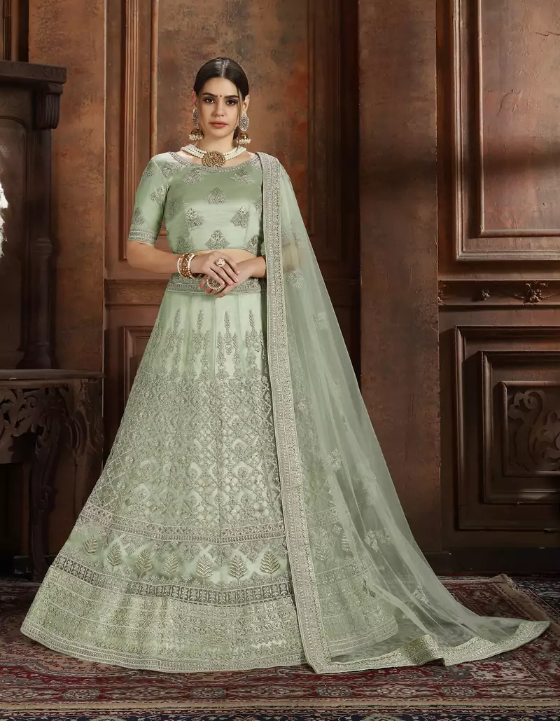 Light-green embroidered net semi stitched lehenga