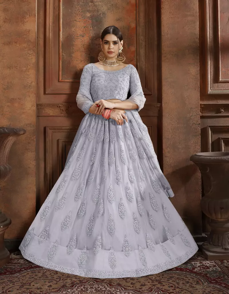 Grey embroidered net Semi Stitched bridal lehenga