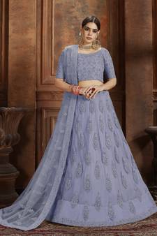 Sky-blue embroidered net Semi Stitched bridal lehenga