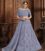 Sky-blue embroidered net Semi Stitched bridal lehenga