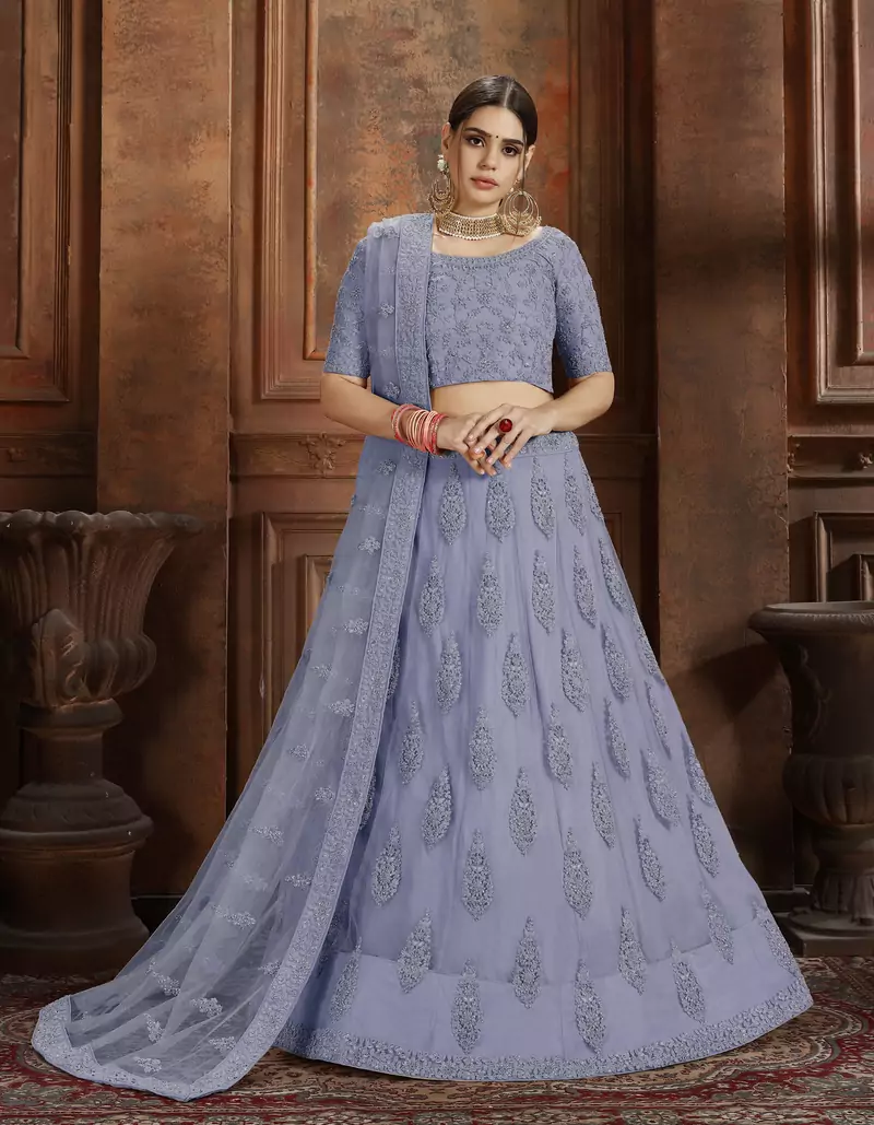 Sky-blue embroidered net Semi Stitched bridal lehenga