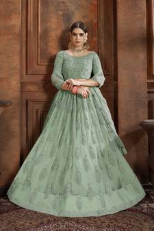 Light-green embroidered net Semi Stitched bridal lehenga