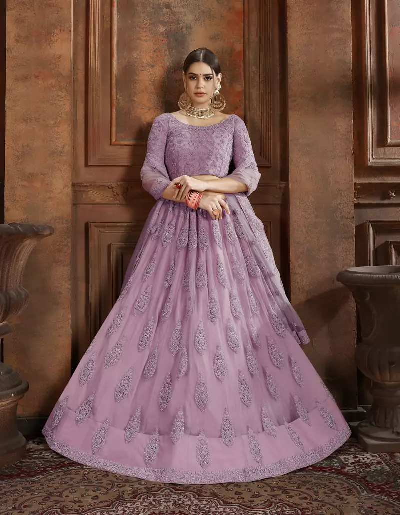 Purple embroidered net Semi Stitched bridal lehenga