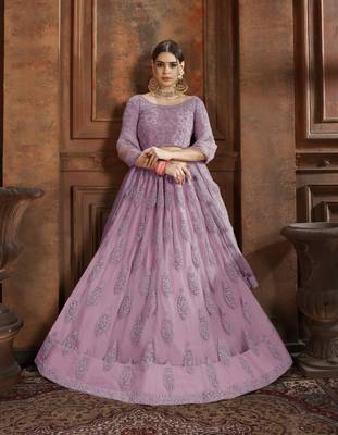 Purple embroidered net Semi Stitched Bridal Lehenga 2