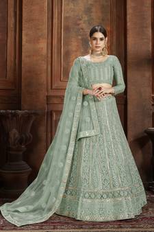 Light-green embroidered net semi stitched lehenga