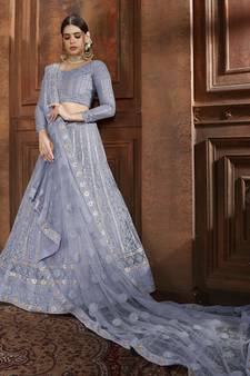 Sky-blue embroidered net semi stitched lehenga