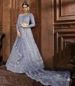 Sky-blue embroidered net semi stitched lehenga