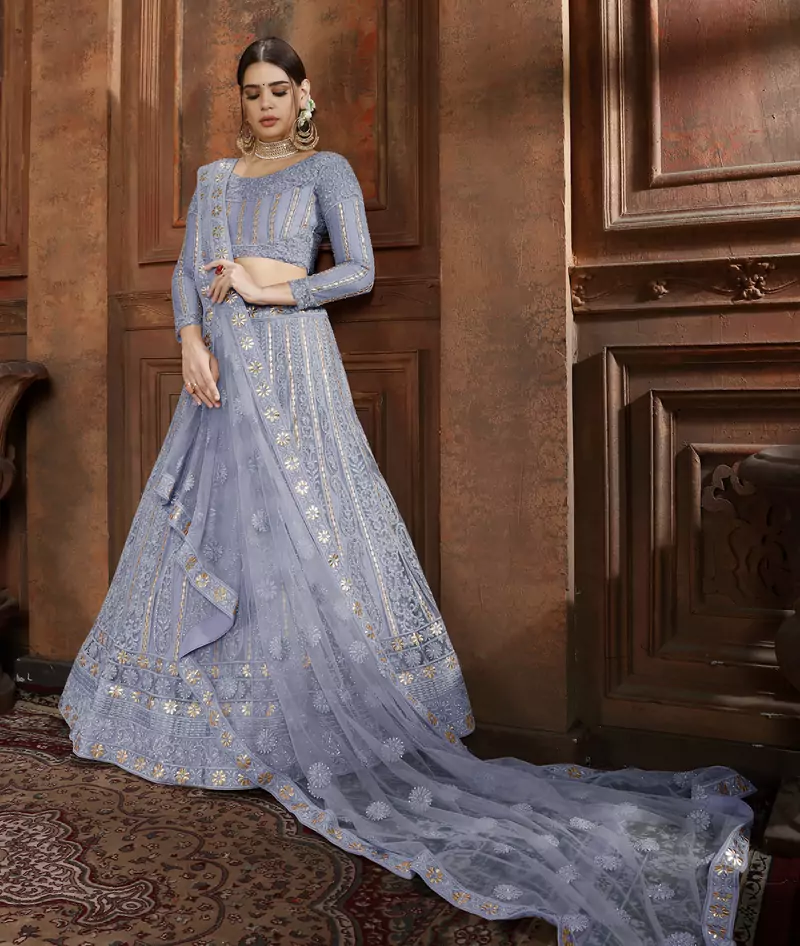 Sky-blue embroidered net semi stitched lehenga