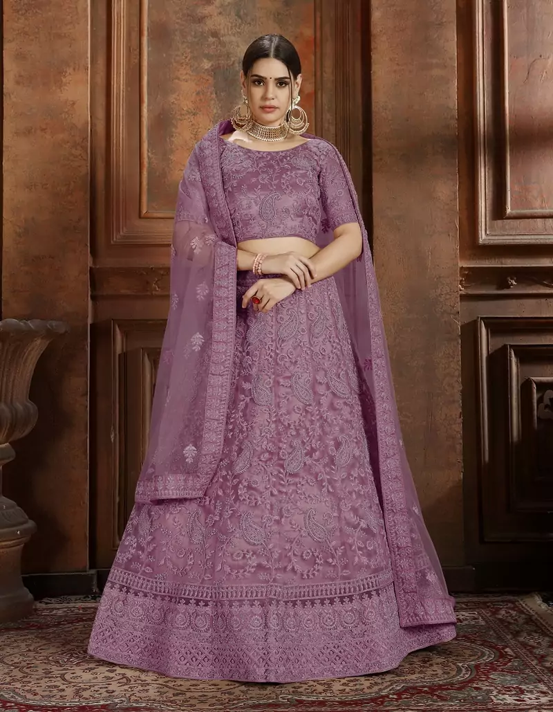 Purple embroidered net Semi Stitched bridal lehenga