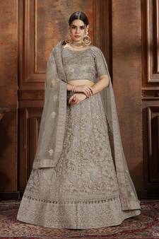 Sky-blue embroidered net Semi Stitched bridal lehenga