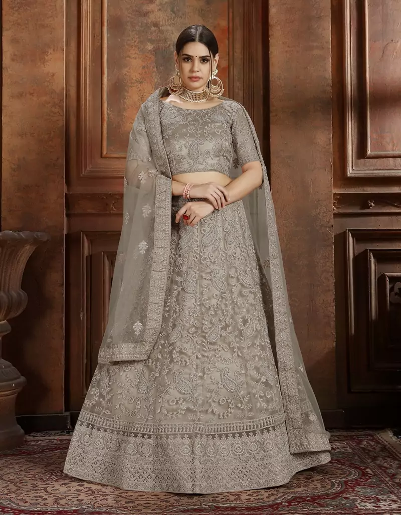 Sky-blue embroidered net Semi Stitched bridal lehenga