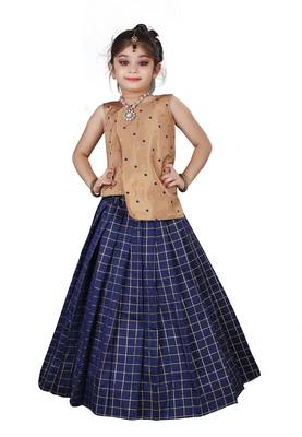 Kids Cotton Silk Brown Top And Blue Lehenga Choli Set For Girls  1