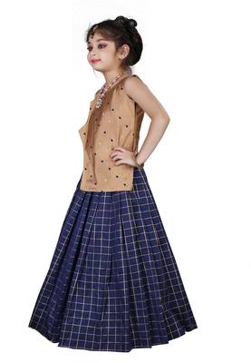 Kids Cotton Silk Brown Top And Blue Lehenga Choli Set For Girls  2
