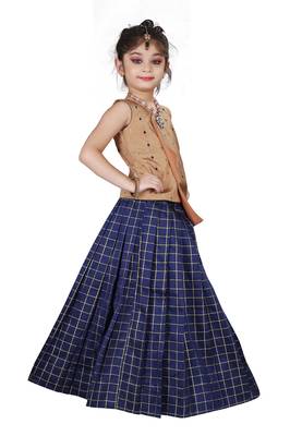 Kids Cotton Silk Brown Top And Blue Lehenga Choli Set For Girls  3