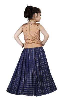 Kids Cotton Silk Brown Top And Blue Lehenga Choli Set For Girls  4